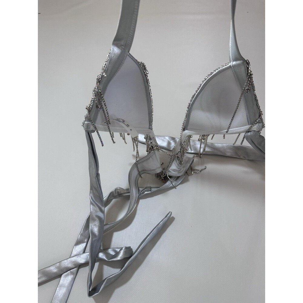 Women's Silver Belly Dance Bra Top with Beaded Sequin Fringe, Satin Straps - Picture 3 of 4